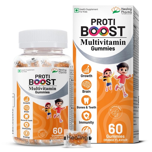 [BRSRGA3QC4IRQ3TP] Healing Pharma - Protiboost Multivitamin Gummies for Kids | Daily Supplement for Growth, Immunity, Brain, & Bone Health | No Added Sugar & Gluten Free | Orange Flavour | 60 Gummies