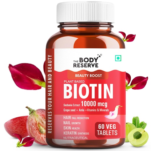 [BRSRAEIHCUIGOD35] The Body Reserve Plant-Based Biotin Tablets - 60 Veg Tablets, Biotin from Sesbania Extract with Amla & Grapeseed - Supports Hair, Skin, and Nails - For Men & Women