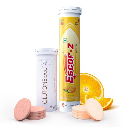 [BRSWYHTYOUCB4F3D] Glutone 1000 & Escor-Z Combo Pack| Setria L-Glutathione, Vitamin C Effervescent Tablets| Healthy Skin| Pack of 15 (1) + 20 (1) Tablets (Orange Flavour)