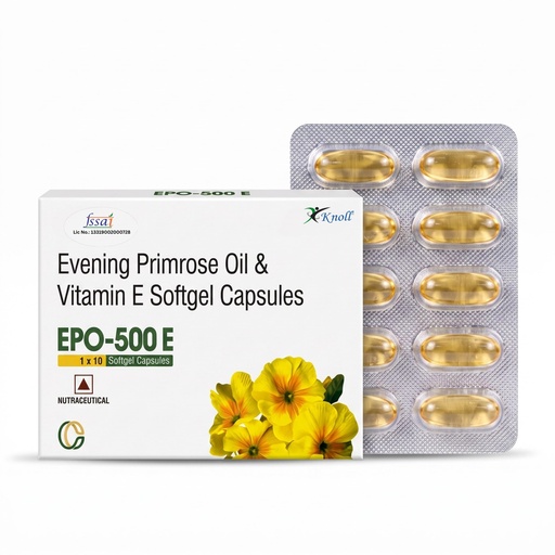 [BRSRGAYKOEIGECTV] Knoll Healthcare EPO-500E Evening Primrose Oil 500 mg with Vitamin E Softgel Capsules | Supports Women’s Wellness, Skin Health & Antioxidant Support | Dietary Supplement (1x10 Capsules)