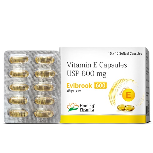 [BRSREYD5AQPQ233U] Healing Pharma - Evibrook 600 mg Vitamin E Capsule for Face, Skin and Hair | Vitamin E Supplements for Men and Women - 10 Caps x 4 Strip