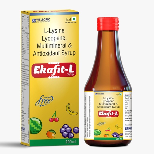 [BRSRAFICDMCR4CLJ] Welloric Ekafit-L L-Lysine, Lycopene, Multimineral & Antioxidant Syrup (200 ml) | Sugar-Free Daily Health Supplement with Vitamin D3 | Helps Gain Weight, Boosts Appetite & Growth | Mix Fruit Flavou