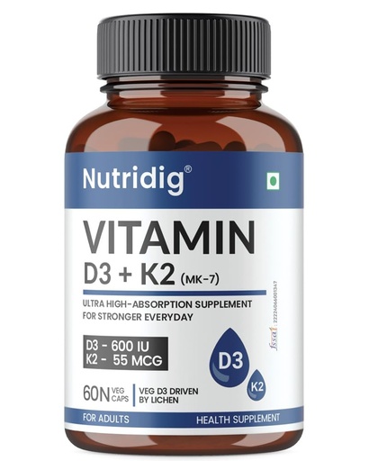 [BRSREHAFPMCBAG34] Vitamin D3 + K2 Capsules – 600 IU Vegan D3 (from Lichen) & 55 mcg K2 (MK-7) | High Absorption | Bone, Heart & Immune Health | 60 Veg Capsules