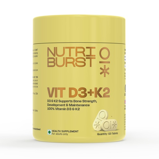 [BRSREBD2CENRGELK] Nutriburst Vitamin D3 + K2 | Vitamin D3 K2 Supplement for Men & Women | Supports Bone Strength & Heart Health | 100% Vitamin D with K2 for Better Absorption | 120 Veg Tablets (4-Month Pack)