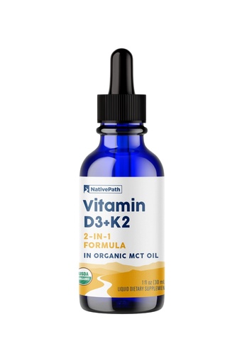 [BRSRMZ36DJ6REHI3] NativePath D3K2 Tincture – 2000IU Vitamin D3 and Vitamin K2 Supplement with Organic MCT Oil – 1 Fluid Ounce – Rapid Bioavailability Multi-Vitamin for Bone Strength and Total Body Wellness, 30 Servings