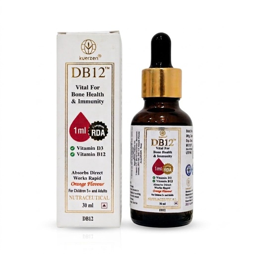 [BRSREBIQOAFAMG3A] DB12 Vitamin D3 + Vitamin B12 Sublingual Liquid Drops | Sugar Free Daily Vitamins | Bone, Energy, Nerve & Immune Support | Vitamin B12 Deficiency Supplement | Orange Flavour | 30ml