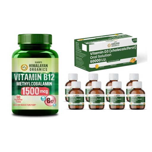 [BRSRYEAZCV6QAYD2] Vlado's Himalayan Organics Vitamin B12 1500mcg + Vitamin D3 60000 IU Shots Combo | Methylcobalamin & Cholecalciferol | Supports Energy, Bone, Muscle, Nerve & Immune Health | 90 Veg Tablets + Pack of 8