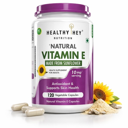 [BRSWGBL5OF6RODTH] HealthyHey Vitamin E Capsules | Vitamin E for Skin & Hair | Sunflower - D-Alpha-Tocpherol -120 Veg Capsules