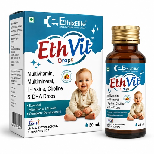 [BRSRY2T2CB5BYYA3] EthVit Kids Multivitamin Drops 30 ml | Multivitamin Multimineral L-Lysine Choline & DHA Drops | Mix Fruit Flavour | Nutraceutical Dietary Supplement