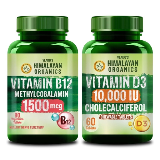 [BRSRYFIEBEOQOCLD] Vlado's Himalayan Organics Methylcobalamin Vitamin B12 1500mcg 90 Tablets+ Vitamin D3 10000IU - Chewable Vitamin D Tablets 60 Tablets