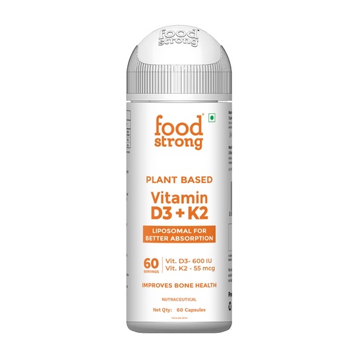 [BRSREHQTB4PGYCD2] Foodstrong Plant-Based Vitamin D3 + K2 | Liposomal For Better Absorption | 600 IU D3 + 55 MCG K2 | Improves Bone Health | 60 Vegetarian Capsules| 30 Servings