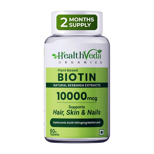 [BRSRMAQKAF7AIGTA] Health Veda Organics Biotin Tablets for Hair Growth | Biotin Supplement 10000mcg for Men & Women | Supports Hair, Skin & Nails | With Bhringraj, Stinging Nettle, Green Tea, Zinc & Vitamin E | 60 Tablets