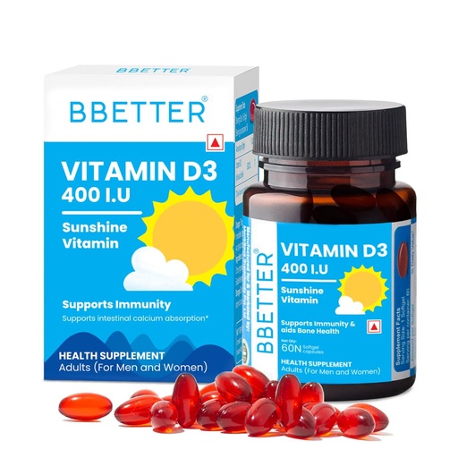 [BRSW2Y33CQFAGYD5] BBETTER Vitamin D3 Supplement for Immunity, Healthy Bones & Strong Muscles - 60 softgels of Vitamin D (Cholecalciferol) with the recommended daily dosage of 400IU