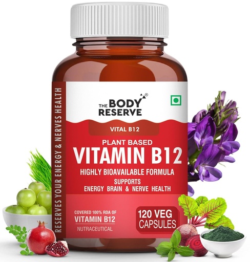 [BRSRAEDYCMCAA3D3] The Body Reserve Plant Based Vitamin B12 Supplement For Men & Women 120 Capsules Organic Vitamin B12 For Nerve And Brain Health Vegan Capsules