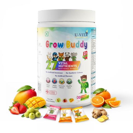 [BRSRACQCCR7WCGT5] U-VITA Grow Buddy Multivitamin Gummies for Kids (2+ Years) | No Added Sugar | 27 Essential Vitamins, Minerals & Pure herbal extracts | 3 Flavours – Mango, Strawberry & Orange | 30 Gummies | Made in India and Formulated in the UK