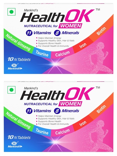 [BRSRGYA2CV6RGCDH] Mankind HealthOK Women Multivitamin 10 Tablets – Strawberry Flavour, Pure Vegetarian, 19+ Essential Vitamins & Minerals with Biotin & Ginseng | Hair Skin Nails, Energy & Bone Health Support x Pack of 2