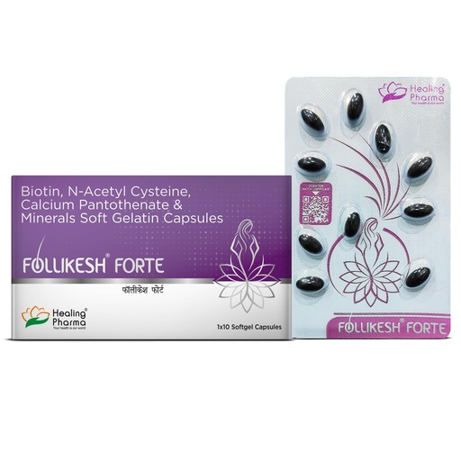 [BRSREFATC57RECTK] Healing Pharma - Follikesh Forte Biotin Capsule Advanced Formula for Hair Fall Control & Volume – Enriched with Biotin and Minerals – 1 x 10 Softgels for Stronger, Shinier Hair and Healthy Nails