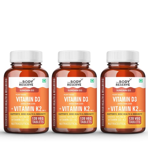 [BRSRA2Q5B56WECAY] The Body Reserve """ Vitamin D3 K2 Mk7-120 Veg Tablets, 100% Rda Plant-Based Vitamin D3 Supplement From Lichen Source With Vitamin K2 As Mk7 Menaquinone, Pack Of 3"""