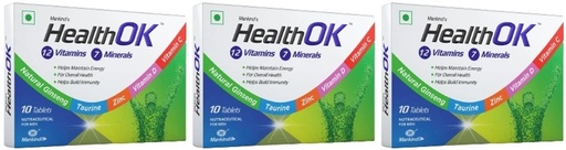 [BRSRYGT5PIIGYELA] Health OK Multivitamin Tablets with Natural Ginseng & Taurine - Daily Energy, Alertness & Immunity Support with Vitamin C, D & Minerals (30 Tablets, Pack of 3 x 10s)