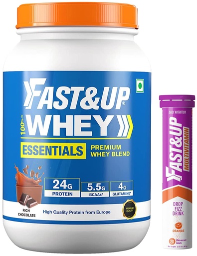 [BRSRMED4B4PWACLP] FAST&UP Essentials Whey Protein Isolate Blend (Rich Chocolate flavour) & Fast&Up Vitalize Mutivitamin Supplements, 20 Tablets - Orange Flavor