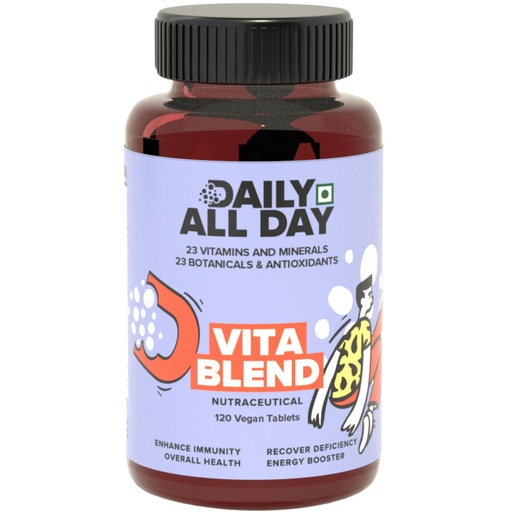 [BRSRAGAOBNYBU3I7] Vita Blend Ayurvedic Multivitamin Tablets, 46-in-1 with Omega 3-6-9, Vitamin B12, D3, K2, Zinc, Iron, Botanicals, Ashwagandha, Brahmi, Tulsi, Giloy, Moringa, Immunity, Energy & Stamina,120 Tablets