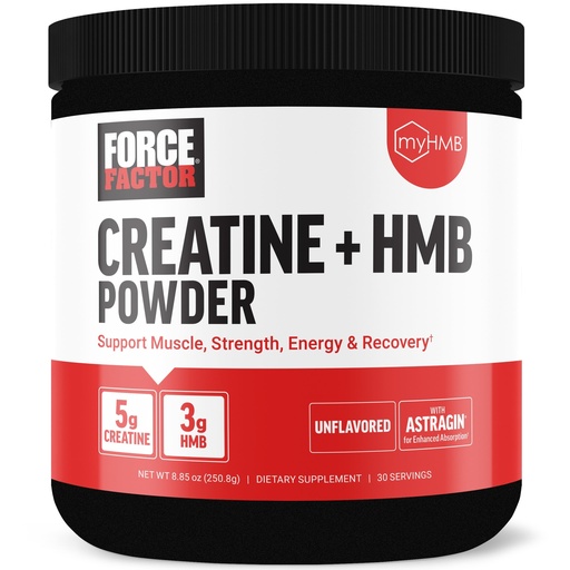 [BRSRAHQFOQCBO3TB] Force Factor Creatine HMB Powder, 5g Creatine Monohydrate + 3g myHMB for Muscle Growth, Strength, Energy & Recovery, with AstraGin for Enhanced Absorption, Unflavored, 30 Servings