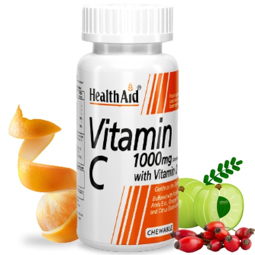 [BRSROGIROUFR6E3P] HealthAid Vitamin C Complex + Vitamin D – 60 Chewable Veg Tablets | With Rosehip, Amla & Citrus Extracts | Supports Immune, Antioxidant & Skin Health