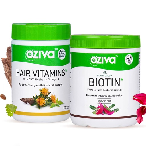 [BRSW2HAEAAPRY23Z] OZiva Hair Vitamins +Plant Based Biotin Powder for Hairfall, Combo Pack