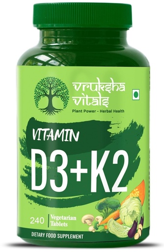 [BRSW2GQECIORM2Y6] Vruksha Vitals Vit D3 & K2 100% RDA, 240 Tablets - For Adults & Kids - Plant based Vitamin D3 600 IU & Vitamin K2 as MK7 55 mcg, Vitamin D & Vit K Tablets/Capsules Supplement