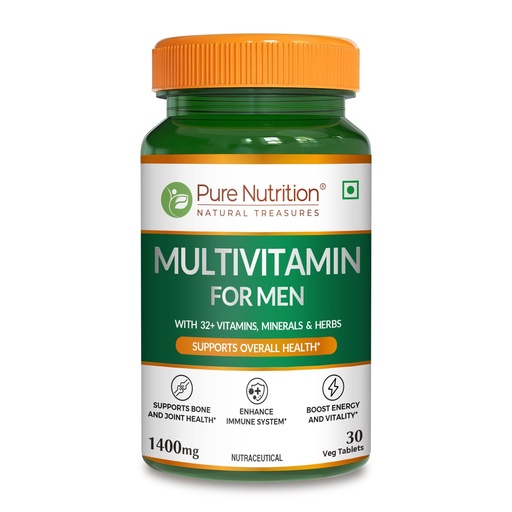[BRSWYYL3B57WCFDG] Pure Nutrition Multivitamin for Men (1400mg), 30 Veg Tablets, with Biotin, Iron, Alfa Alfa, Moringa, Ginseng, Fenugreek & Green Tea | Supports Immunity, Energy, Stamina, Bone & Overall Health