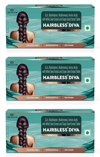 [BRSRGCD5OQBRQAIU] Mankind Hairbless Diva Tablets for Women's Hair Health, 30 Tabs (Pack of 3)