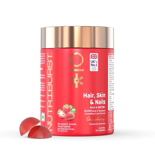 [BRSRMBAECNYGEHLK] Nutriburst Biotin Gummies for Healthy Hair, Skin & Nails Growth | With High Potency 10000 mcg of Sesbania Extract Natural Biotin,Folic Acid & Multivitamins | No Added Sugar, Strawberry Flavor|30 Gummy