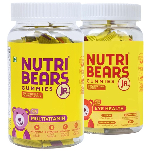 [BRSRAYYCAEFWKH33] NutriBears Kids Multivitamin and Eye Health Combo, Vitamins A, C, B, and D with Zinc, Soft Chewable Gummies with Lutein, DHA, and Zeaxanthin for Ocular Support, Daily Supplement, 60 Gummy Bears