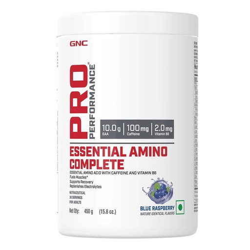 [BRSRMHY7DMBQ2E3L] GNC Pro Performance Essential Amino Complete | 450 gm | 30 Servings | Fuels Muscle Growth | Beats Fatigue | Prevents Muscle Cramps | 10g EAA | 100mg Caffeine | 2mg Vitamin B6 | Blue Raspberry