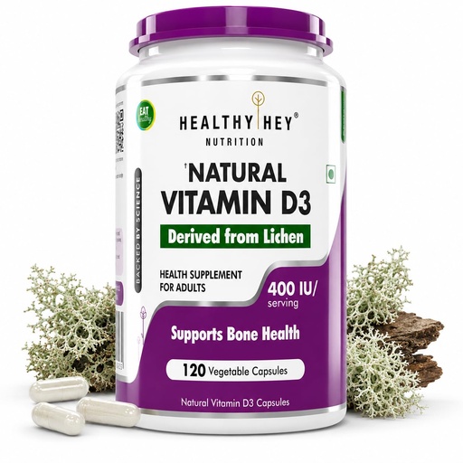 [BRSWYYAKC56BACI7] HealthyHey Vitamin D3 | 100% Vegetarian Natural & Plant-Based | Benefits Bone Health | 400 IU - 120 Veg Capsules | 4-month supply