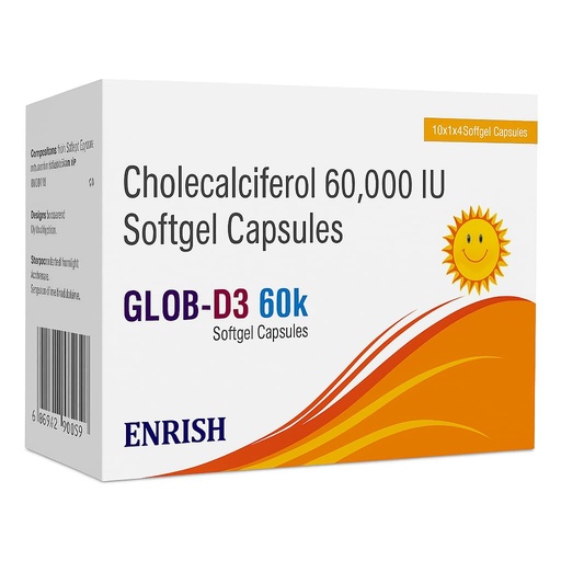 [BRSREFA5A4OQOGYY] GLOB-D3 60K Cholecalciferol 60,000 IU Softgel Capsules | Vitamin D3 Capsules | Vitamin D Supplement | Pack of 5