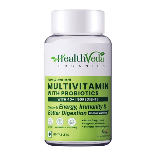 [BRSRMZIRBUOQA2QY] Health Veda Organics Multivitamin with Probiotics | 120 Tablets | 45+ Ingredients for Daily Energy, Immunity & Gut Health Support | For Men & Women