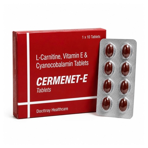 [BRSRGCY3CANBO3Q2] Docttray Cermenet-E Tablets with L-Carnitine, Vitamin E & Methylcobalamin B12 | Daily Vitality & Nutritional Support for Men & Women | 10 Tablets