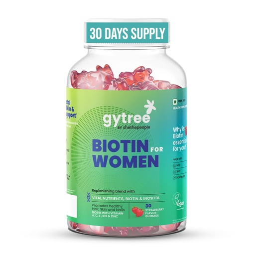 [BRSROHYYA56RUDTL] Gytree Biotin Gummies for Complete Hair, Skin & Nail Support | With Vital Nutrients, Inositol & Vitamin C, A, E, B6, Folate, Zinc | Strawberry Flavour | No Gelatin, No Soy, Lactose Free (30 gummies)