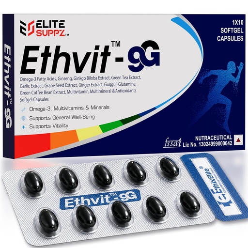[BRSRYZYYBMPWGYA7] Ethvit-9G Softgel 10 Capsules | Omega-3 Fatty Acids (EPA & DHA), Panax Ginseng, Ginkgo Biloba, Green Tea & Grape Seed Extract | Multivitamin with Vitamin C, D3, B1, B6, B12, Folic Acid, Biotin & Vitamin K2-7 | Multimineral, Probiotic & Antioxidant Supplement