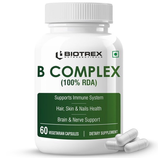 [BRSRGZD5PN6WM33V] Biotrex Nutraceuticals B Complex Supplement Vitamin B1, B2, B3, B5, B6, B7, B8, B9, B12 & Vitamin C | 100% RDA | Supports Immune System | Hair, Skin & Nails Health | Daily | Brain & Nerve Support - 60 Veg Capsules