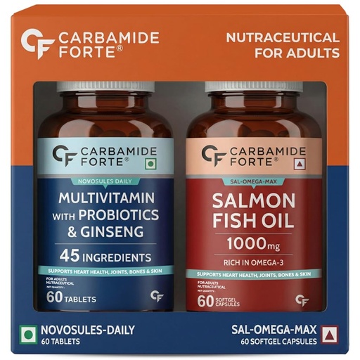 [BRSRAAY7OB5RU3LG] Carbamide Forte Multivitamin Tablet for Men with Probiotics & Salmon Omega 3 fish Oil Capsules | Salmon Fish Oil Omega 3 Capsule 1000mg and Multivitamin Tablets Combo | 60 Tablets + 60 Softgels