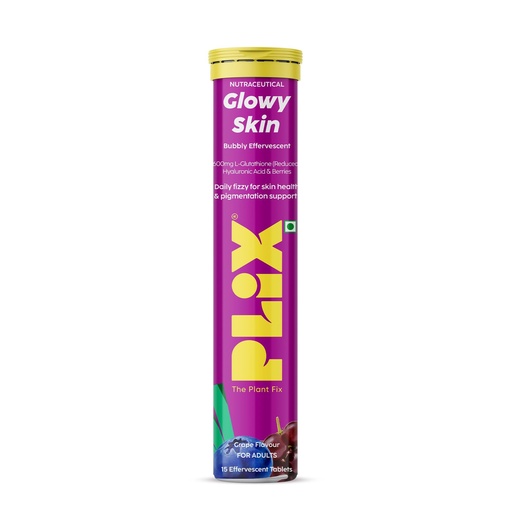 [BRSRYZLYOQJWGCTF] PLIX THE PLANT FIX Glowy Skin Bubbly Effervescent for Clear-Looking, Hydrated & Youthful Skin | 600mg Glutathione, Vitamin E & Hyaluronic Acid | Grape Flavour