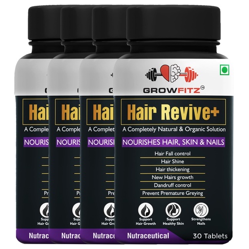 [BRSREYIYA4NBEHY2] Growfitz Hair Revive+ | Ayurvedic & 100% Natural | Hair Growth, Skin, Nails | For Men & Women - 30 veg tablets (Pack of 4)