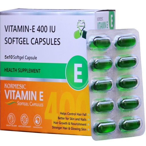 [BRSRYFT6AVYRUDTX] KORMESIC VITAMIN E 400 (Pack of 50 Capsule) For Face and Hair, Antioxidant Support and Immunity Booster Controls Wrinkling, Skin Dehydration