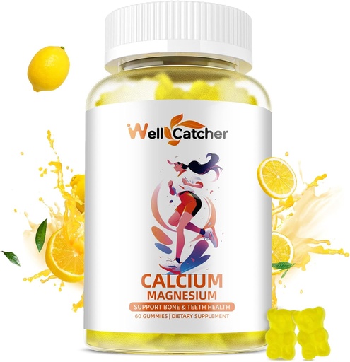 [BRSRAEABO4CGAH3F] Calcium Magnésium Gommies Adultes Enfants - Sans sucre Vegan Chewable Algae Suppléments de calcium pour les femmes Hommes Soutien Plus Force osseuse avec Zinc Potassium Vitamine D3 K2 Lemon Flavor 60CT