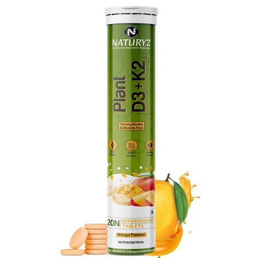 [BRSRMEA6OFYA23DL] Naturyz 100% Plant Vitamin D3 K2 | Veg Vitamin D3 Supplement Lichen Source with Vitamin K2 MK7 Menaquinone | Supports Stronger Immunity | Bone & Heart Health for Men & Women (Mango Flavour)-20 Tablets