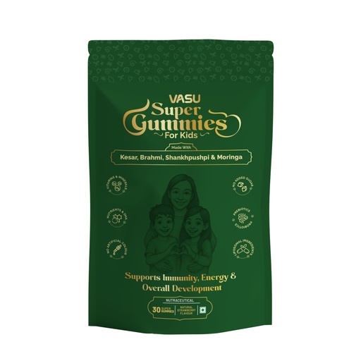 [BRSREAI3DMAQGA3J] Vasu Super Gummies for Kids (30 Gummies) – Enriched with Kesar, Moringa, Brahmi & Shankhpushpi | Supports Immunity & Gut Health | Pre+Probiotics | DHA, Vitamins & Minerals | No Added Sugar