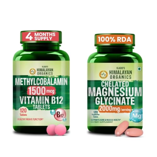 [BRSRYED5BUMQ4ELD] Vlado's Himalayan Organics Vitamin B12 1500mcg Tablets + Chelated Magnesium Glycinate 2000mg Combo | Methylcobalamin B12 & High Absorption Magnesium | Daily Wellness Bundle | 120 Tablets + 120 Veg Tab