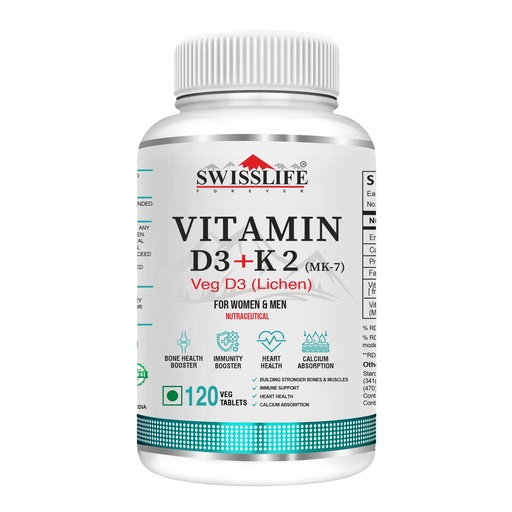 [BRSROGQQC4PAG33P] Swisslife Forever Vitamin D3 & K2 as Mk7 Supplement | Immune Support | Promotes Bone and Heart Health Support | 120 Veg Tablets